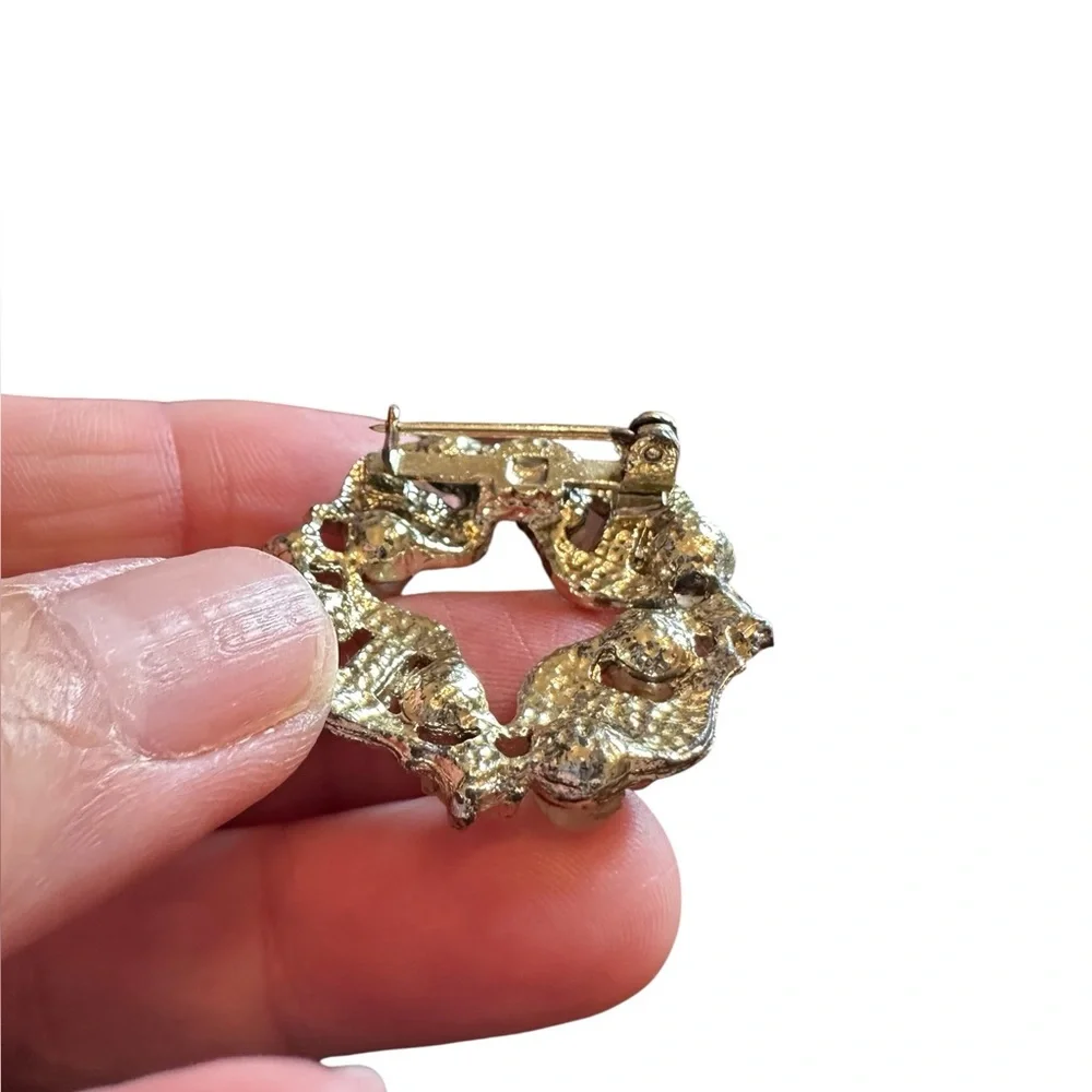 Vintage Gold Bead and Rhinestone Round Brooch Pin